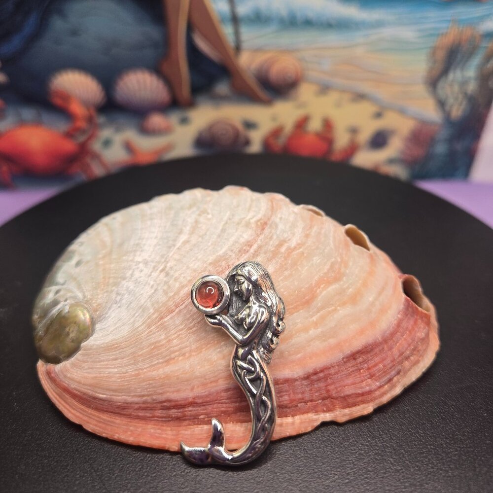 Celtic Mermaid holding a Garnet Under the Sea Pendant - Picture 5 of 5
